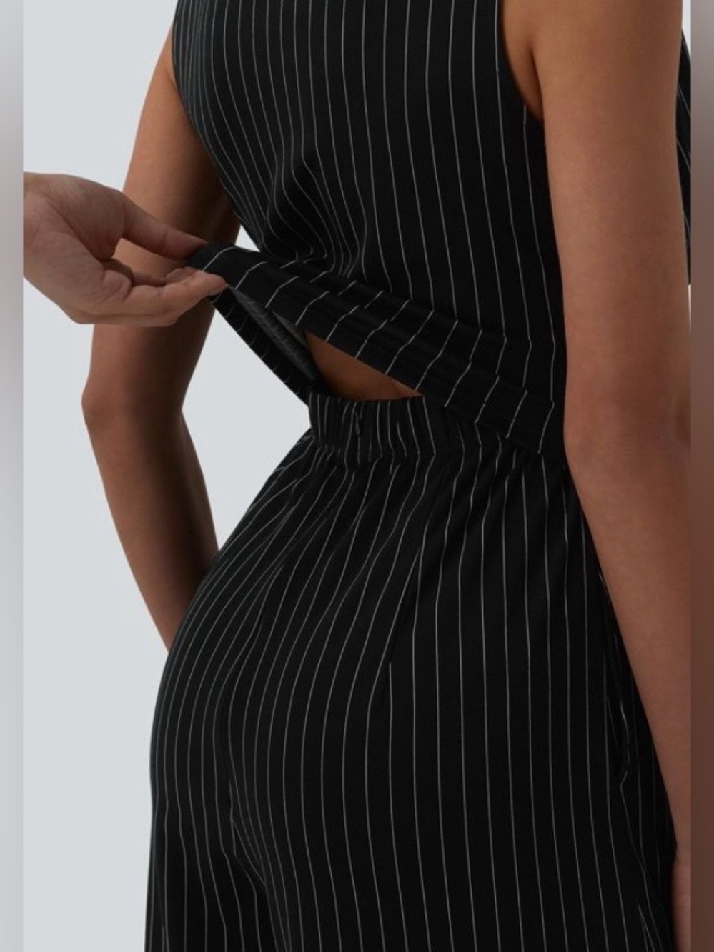 XLARGE. HALARA V NECK RUCHED STRIPED EASY PEEZY JUMPSUIT - Picture 3 of 10